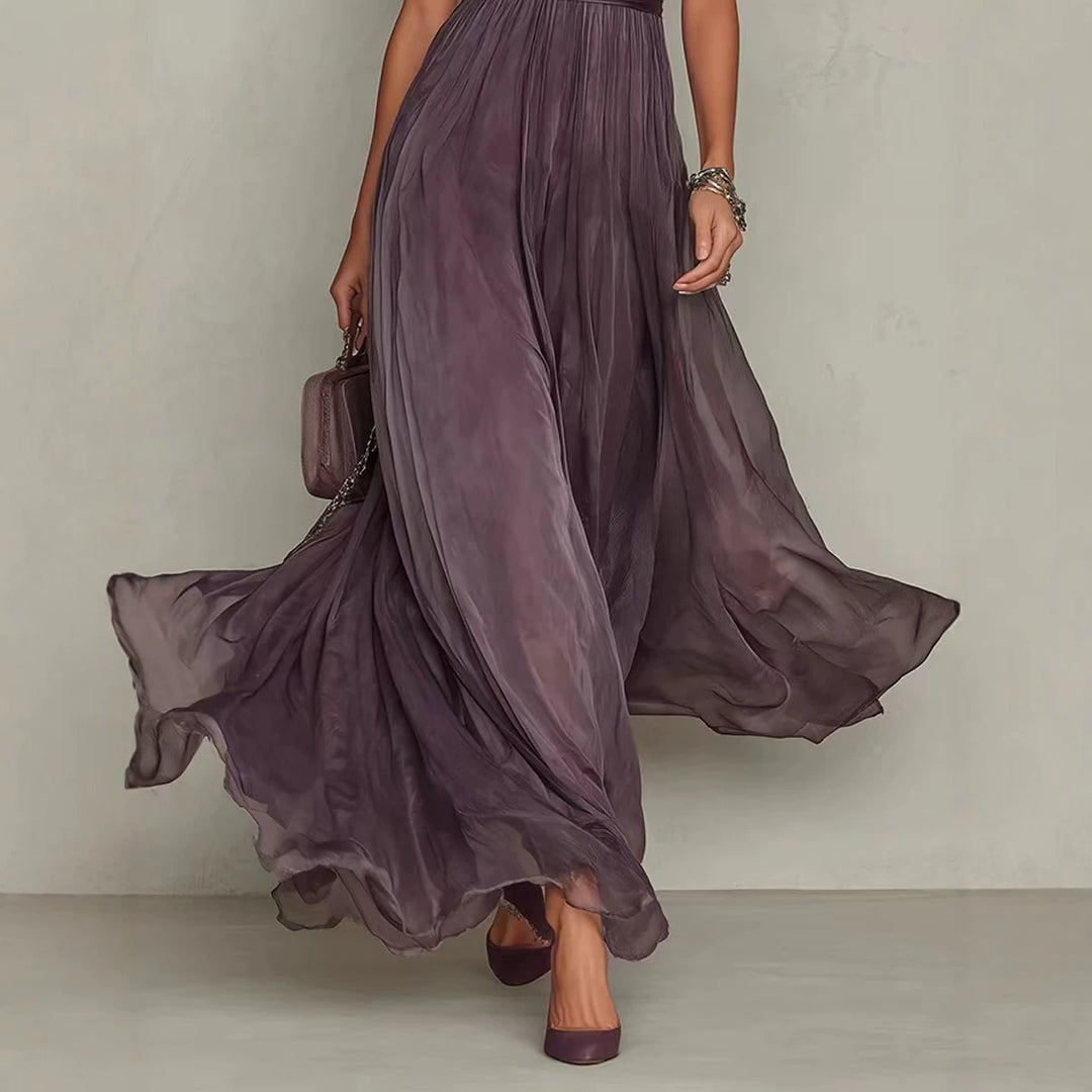Damen nan langes Chiffon-Abendkleid mit Spitzen‑Stehkragen, Schlüsselöffnung und taillierter Schärpe EB