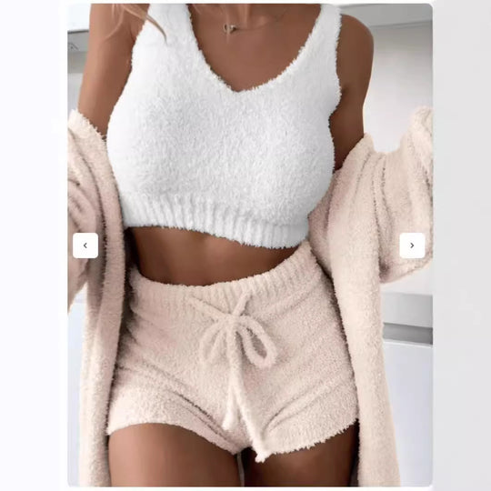 Damen kuscheliges Lounge-Set mit Cropped Top und Shorts EB
