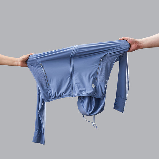 Damen nan leichte UV-Schutz Sonnenjacke mit Kapuze atmungsaktivem Funktionsstoff und Reißverschlusstaschen EB
