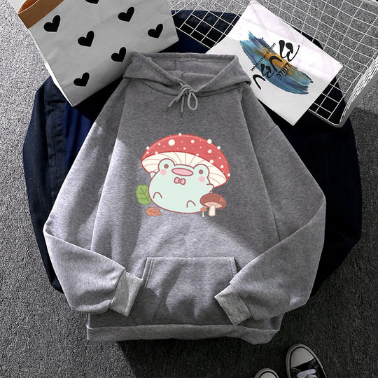 Damen nan weicher Oversize-Kapuzenpullover mit kawaii Pilzfrosch-Print, Kängurutasche und gerippten Bündchen EB