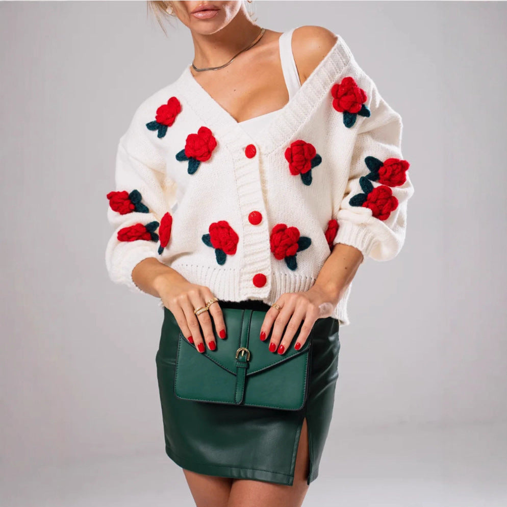 Damen Geblümter Strick-Cardigan mit 3D-Blumenapplikationen und V-Ausschnitt EB