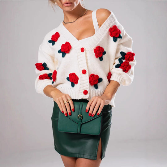 Damen Geblümter Strick-Cardigan mit 3D-Blumenapplikationen und V-Ausschnitt EB