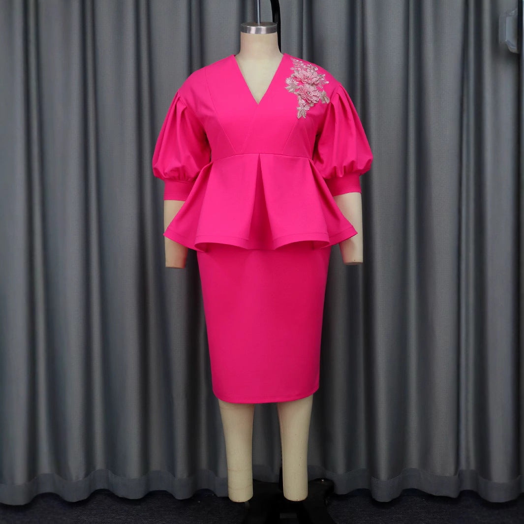 Damen elegantes A-Linien Kleid mit modischen Puffärmeln und floralem Akzent EB