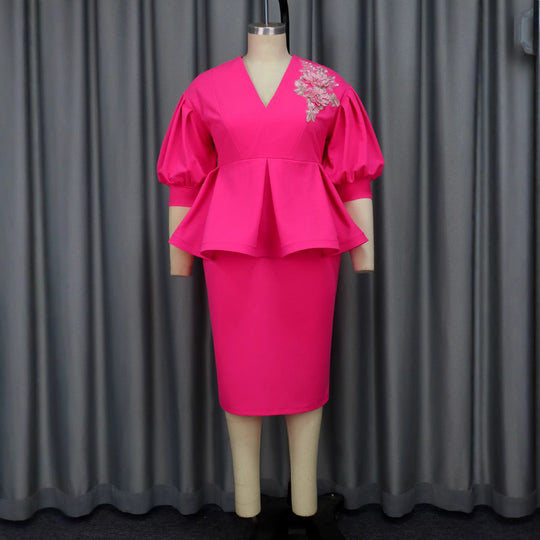 Damen elegantes A-Linien Kleid mit modischen Puffärmeln und floralem Akzent EB