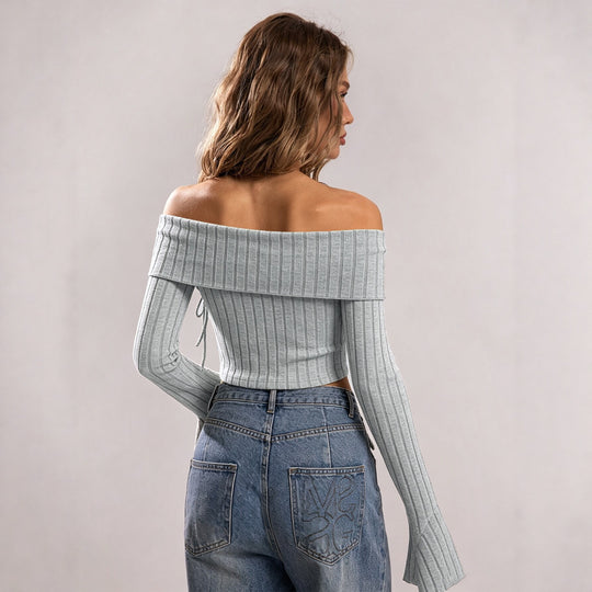 Damen schulterfreies geripptes Strick-Top mit asymmetrischem Zipfelsaum und Schnürdetail Eichborn Berlin