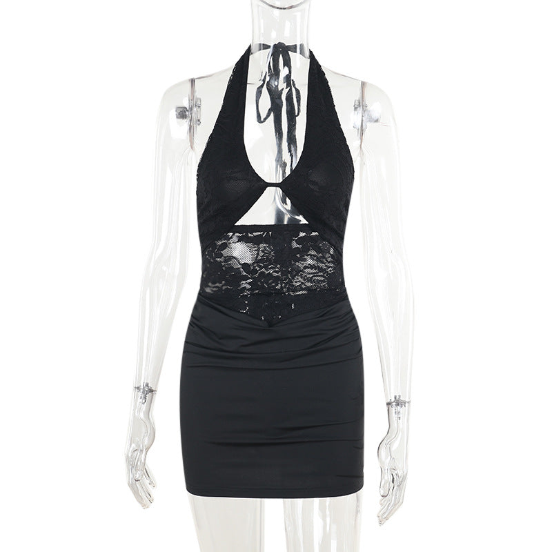 Damen sexy Minikleid mit detailreichem Spitzeinsatz und figurbetonter Silhouette EB