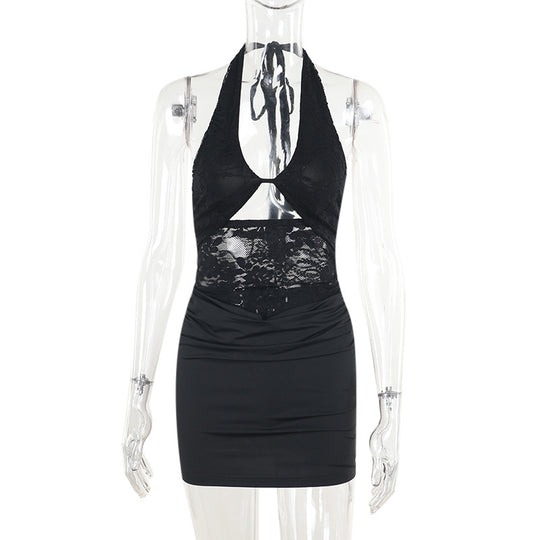 Damen sexy Minikleid mit detailreichem Spitzeinsatz und figurbetonter Silhouette EB