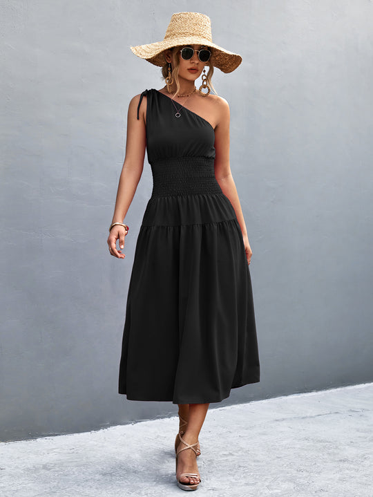 Damen Midikleid mit schnörkellosem Ein-Schulter-Design und elastischem Taillenband EB