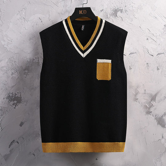 Herren ärmellose Strickjacke mit V-Ausschnitt und Farbblockdesign EB