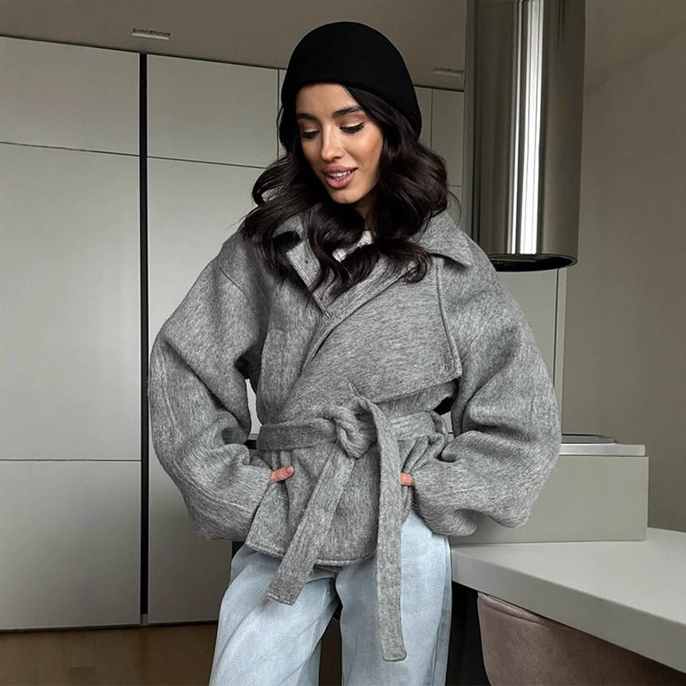 Damen elegante Oversized-Wolljacke mit Gürtel EB