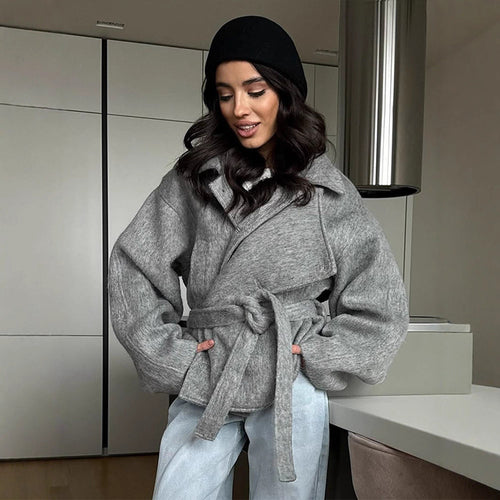 Damen elegante Oversized-Wolljacke mit Gürtel EB
