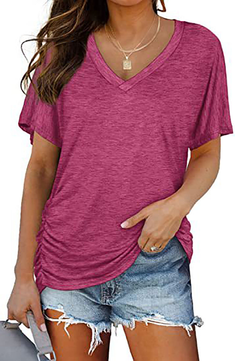 Damen V-Ausschnitt T-Shirt mit dekorativem Raffungseffekt EB