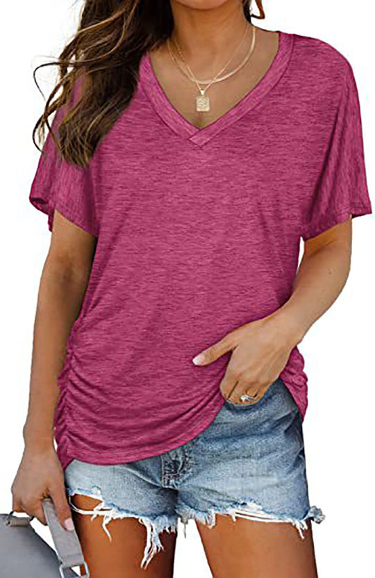 Damen V-Ausschnitt T-Shirt mit dekorativem Raffungseffekt EB