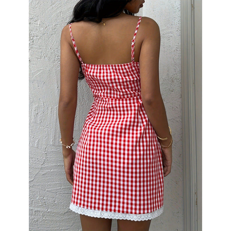 Damen Sommerliches Vichykleid mit Schnürung und Spitzenabschluss EB