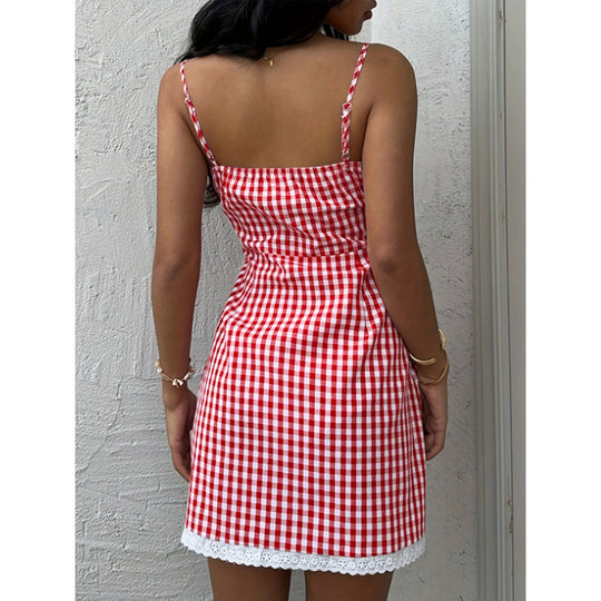Damen Sommerliches Vichykleid mit Schnürung und Spitzenabschluss EB