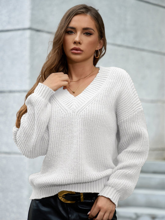 Damen gemütlicher V-Ausschnitt Strickpullover mit lockerem Schnitt und strukturiertem Muster EB