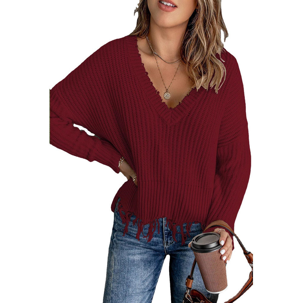 Damen V-Ausschnitt Strickpullover mit Fransen EB