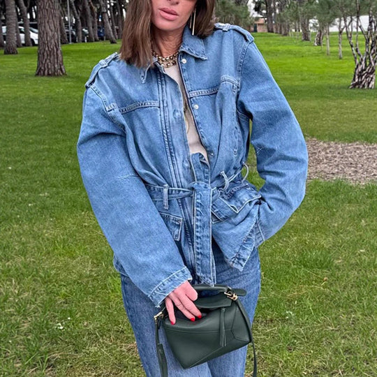 Damen elegante Denimjacke mit taillierbarem Kordelzug EB