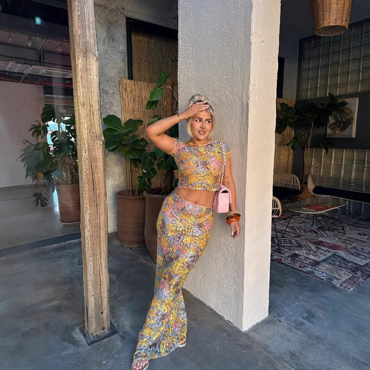 Damen Set aus Crop-Top und Maxi-Rock mit floralen Mustern EB