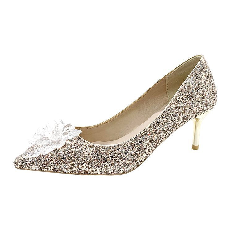 Damen glitzernde High Heels mit eleganter Blütenapplikation EB