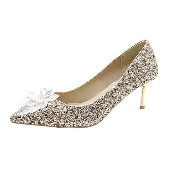 Damen glitzernde High Heels mit eleganter Blütenapplikation EB