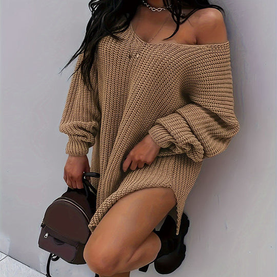 Damen lässiges Oversized-Strickkleid mit weitem Ausschnitt EB