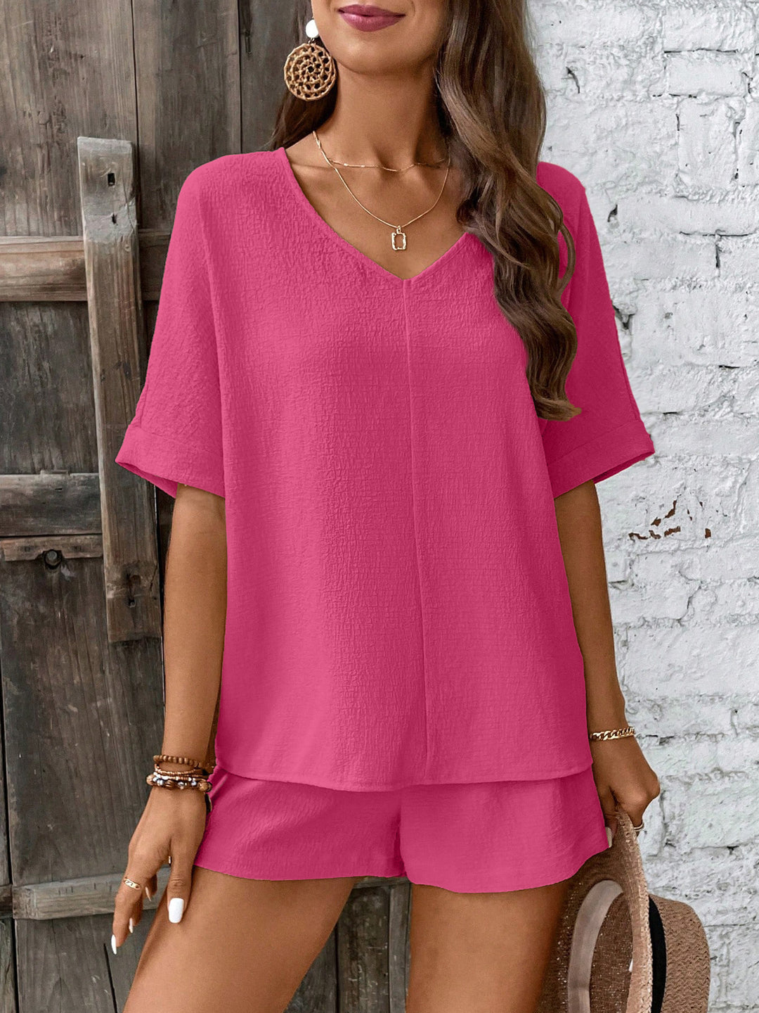 Damen Bequeme V-Ausschnitt Bluse mit Shorts EB
