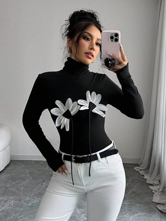 Damen Langarm-Bodysuit mit floralem Schnitt und hohem Kragen EB