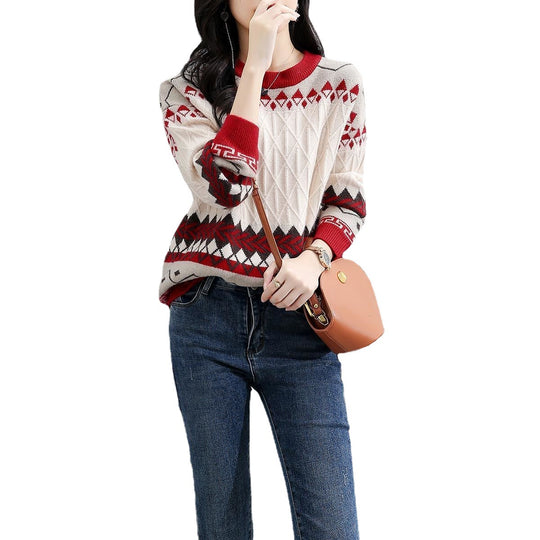 Damen Grob gestrickter Pullover mit geometrischem Muster und Rundhalsausschnitt EB