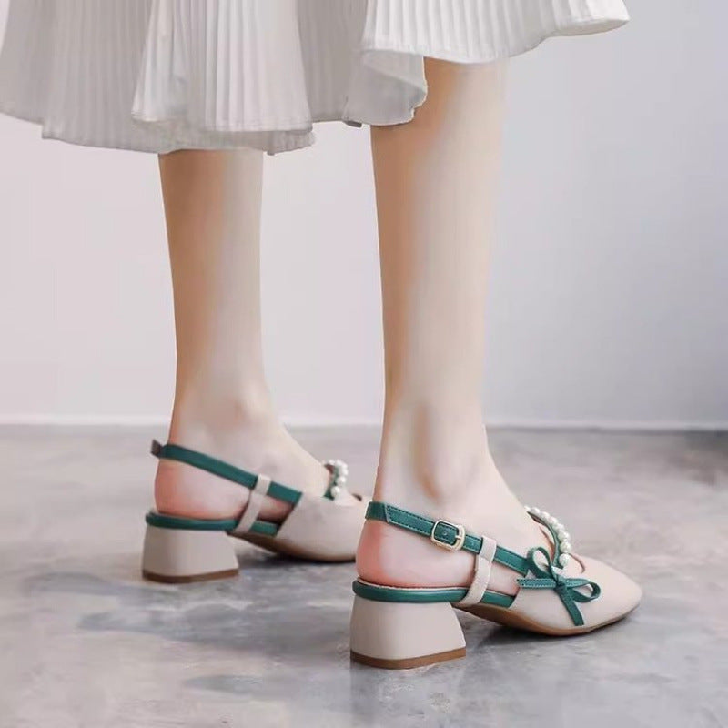 Damen Slingback-Pumps mit eleganten Perlenschmuck und komfortablem Blockabsatz EB