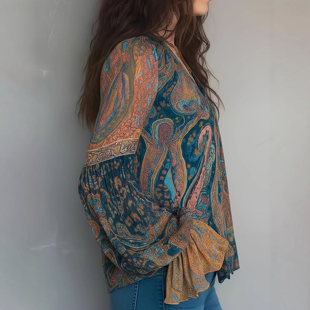 Damen Boho-Chic Bluse mit geflammten Ärmeln und V-Ausschnitt EB