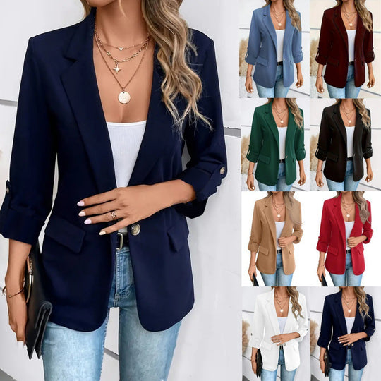 Damen nan taillierter Business-Blazer mit verkürzten Ärmeln umgeschlagenen Manschetten und dekorativen Knöpfen EB
