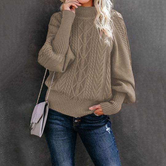 Damen Grobstrickpullover mit hohen Kragen und voluminösen Ärmeln EB