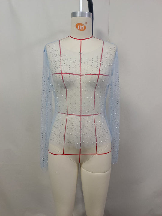 Damen glitzerndes Langarm-Top mit Strassverzierungen EB