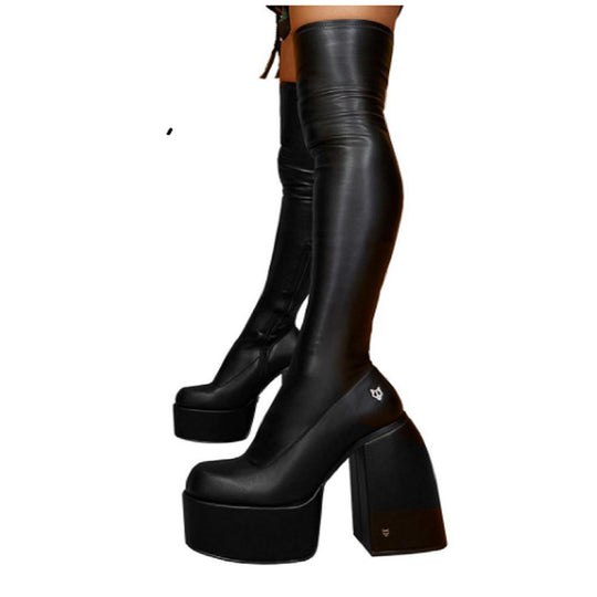 Damen Überknee-Stiefel mit klobigem Blockabsatz und elastischem Obermaterial EB