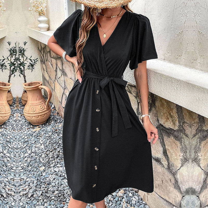 Damen Midi-Kleid mit eleganter Wickeloptik und praktischen Knopfdetails EB
