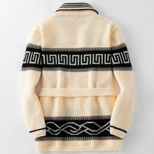 Damen Modische Strickjacke mit Gürtel und geometrischem Muster EB