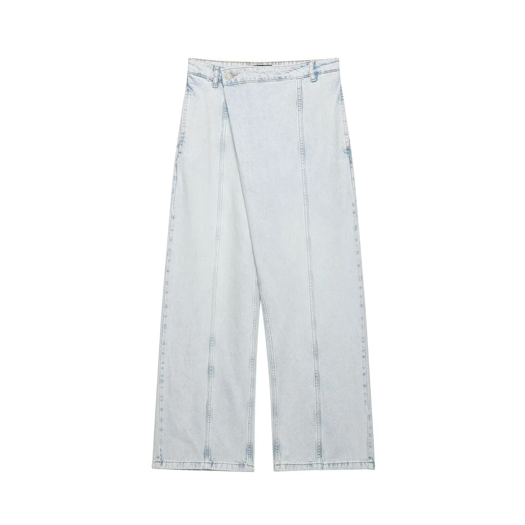 Damen weite Denim-Hose mit hohem Bund und asymmetrischem Schnitt EB