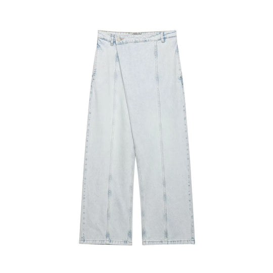 Damen weite Denim-Hose mit hohem Bund und asymmetrischem Schnitt EB