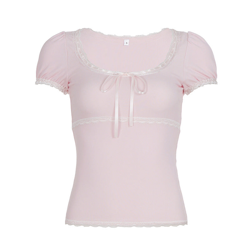 Damen Kurzarm Top mit Rüschendetails und verspieltem Kordelzug EB
