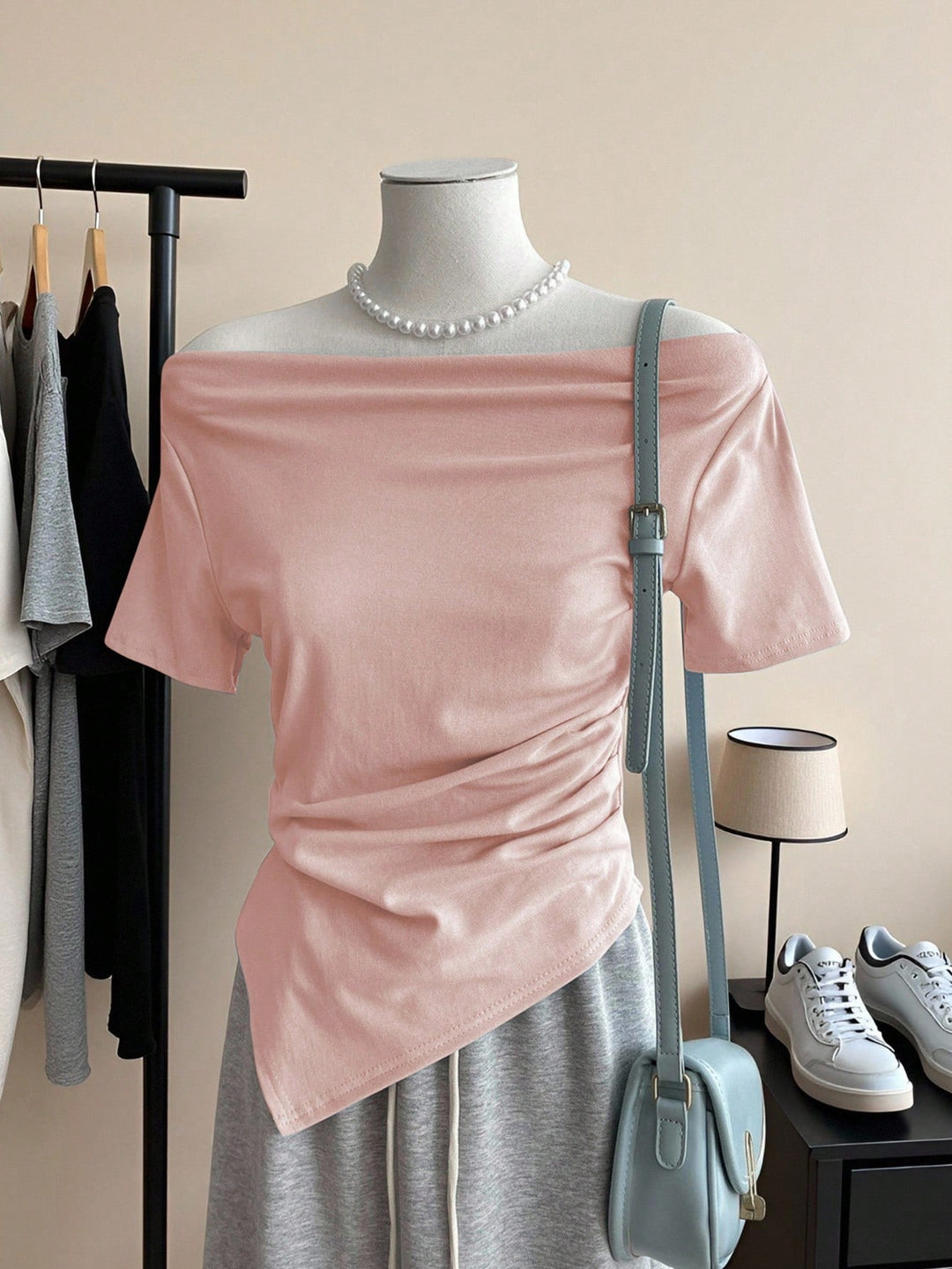 Damen Off-Shoulder T-Shirt mit Raffung EB
