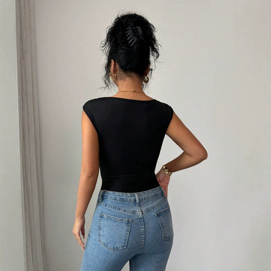 Damen nan körperformender hochgeschnittener Body mit asymmetrischem Träger und Ziermetallring EB