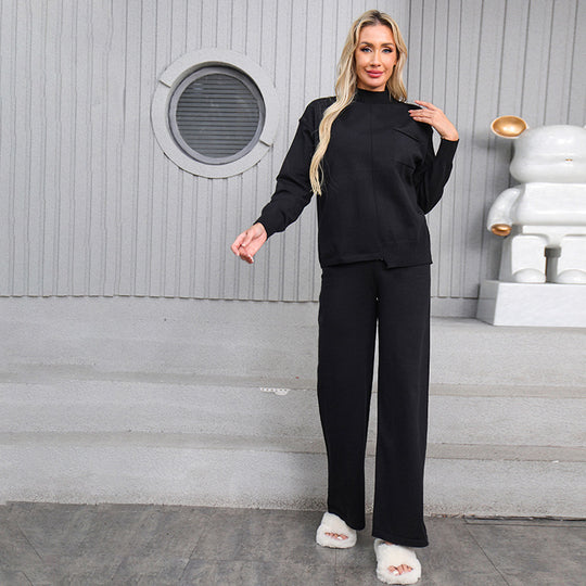 Damen gemütliches Strick-Loungewear-Set mit hohem Kragen und weitem Schnitt EB