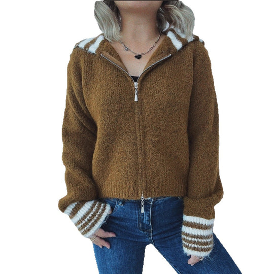 Damen kuschelige Strickjacke mit stilvollem Reißverschluss und modischen Streifen EB