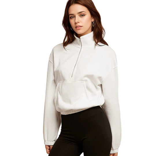 Damen halbzip Cropped Sweatshirt mit hohem Stehkragen, Kängurutasche und elastischem Saum Eichborn Berlin