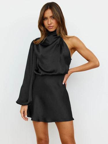 Damen Premium One-Shoulder Minikleid aus Satin mit eleganten Raffungen EB