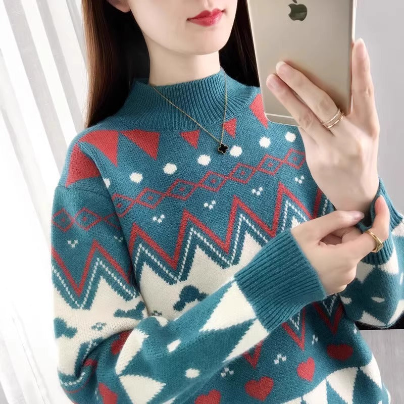 Damen festlicher Strickpullover im modernen Weihnachtsdesign mit geometrischem Muster und komfortablem Rundhalsausschnitt EB