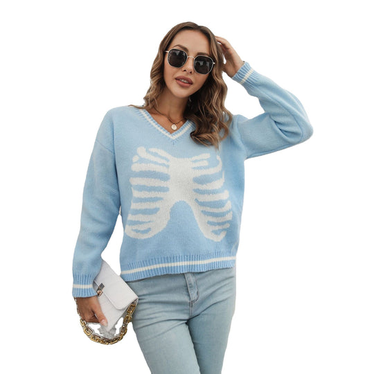 Damen Strickpullover mit kreativem Rippenmuster und V-Ausschnitt EB