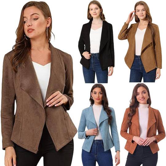 Damen modische Synthetiklederjacke mit offenem Schnitt und Taschen EB