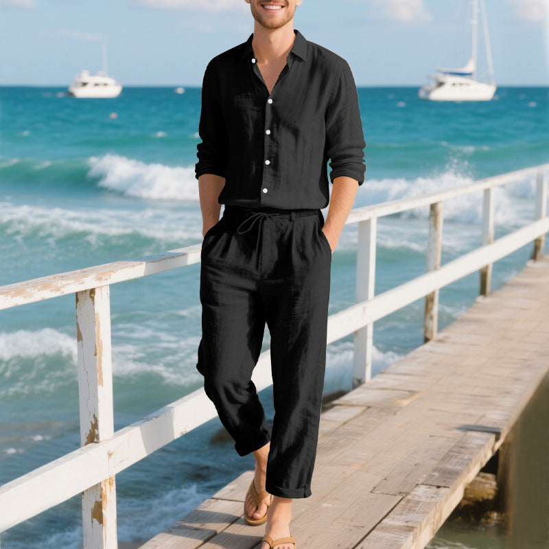 Herren entspannte Leinenhose mit verstellbarem Kordelzug und elastischem Bund EB